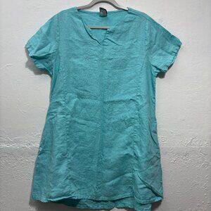 Match Point 100% Linen Dress Aqua Blue Coastal Beachy Pocket Short Sleeve L
